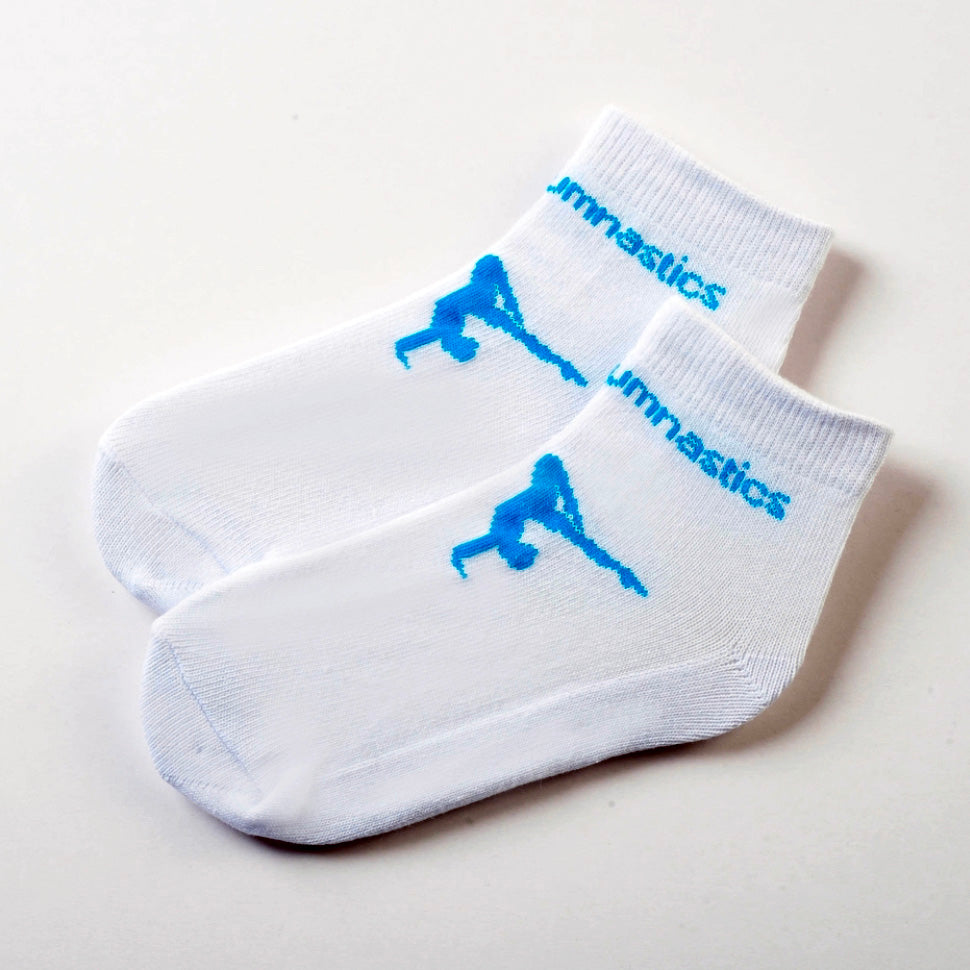 white socks with blue gymnast print