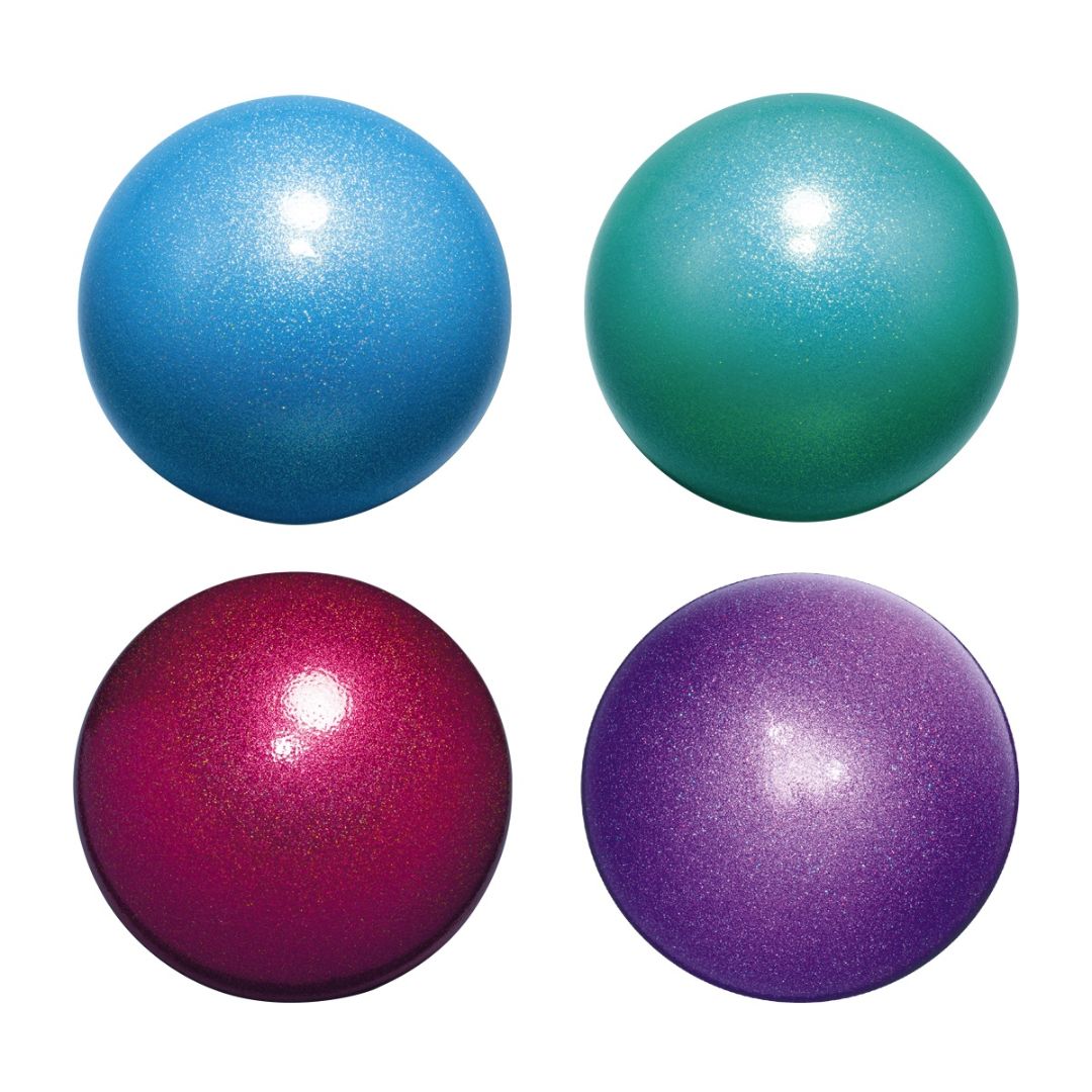 An image showing four rhythmic gymnastics balls in different colors: blue, green, red, and purple.