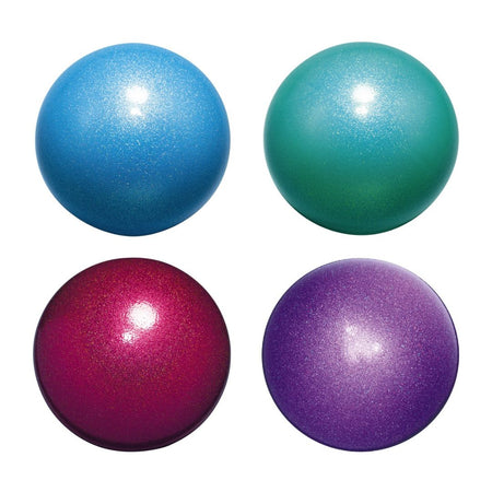 An image showing four rhythmic gymnastics balls in different colors: blue, green, red, and purple.