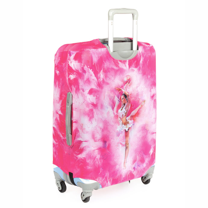 pink luggage cover with gymnast print