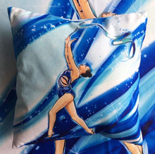 Load image into Gallery viewer, blue pillow with gymnast print
