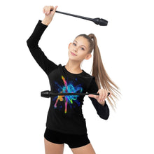 Load image into Gallery viewer, girl wearing a black long sleeve top with gymnast print
