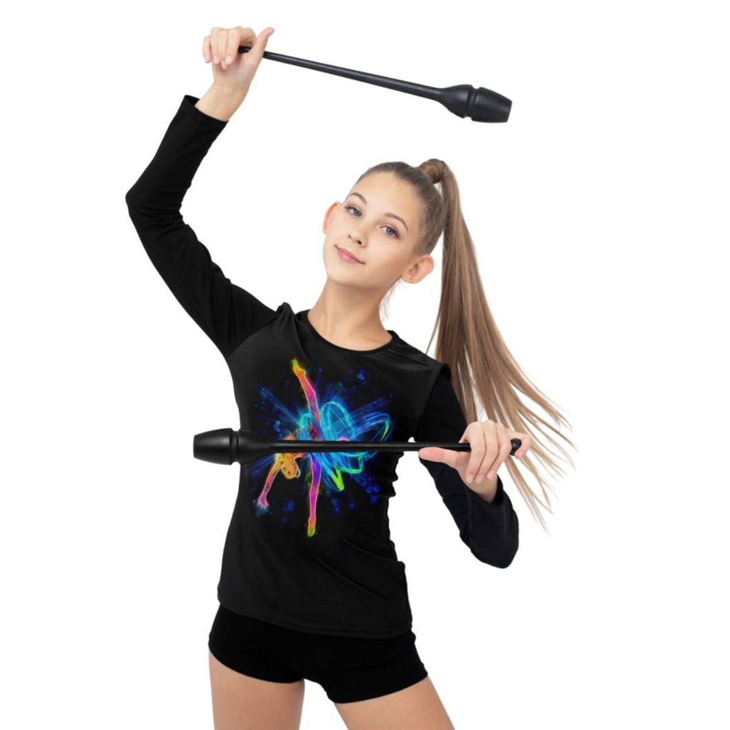 girl wearing a black long sleeve top with gymnast print