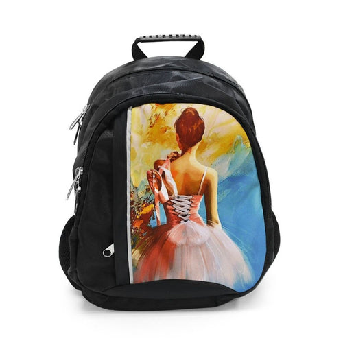 black backpack with an image of ballerina holding pointe shoes