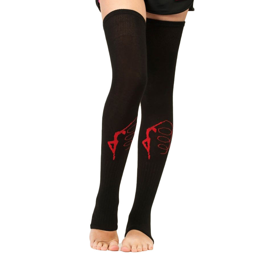 black legwarmers with gymnast print