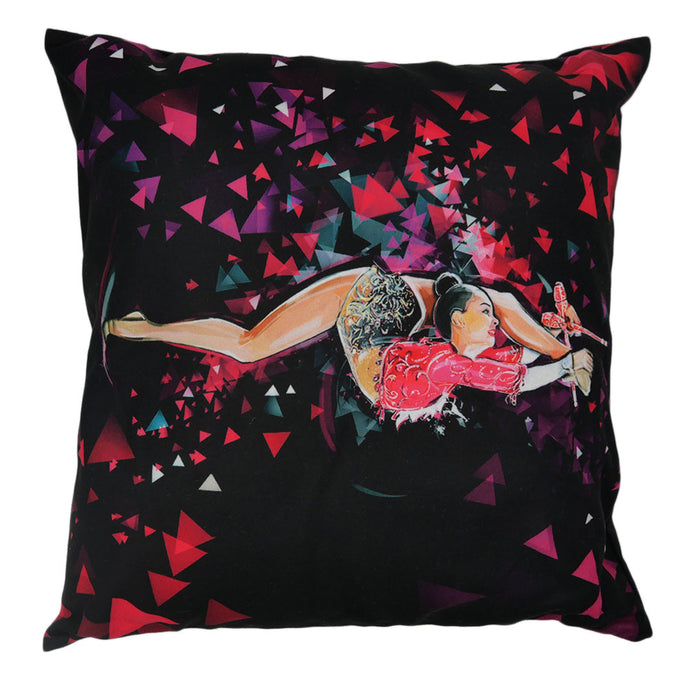 decorative black pillow with gymnast print