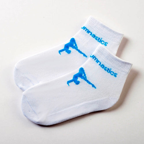 white socks with blue gymnast print 
