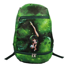 Load image into Gallery viewer, green backpack with an image of rhythmic gymnast holding a ball
